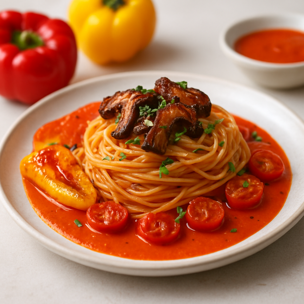 Thai-French Herb Spaghetti with Roasted Pepper Coulis and Crispy Mushrooms