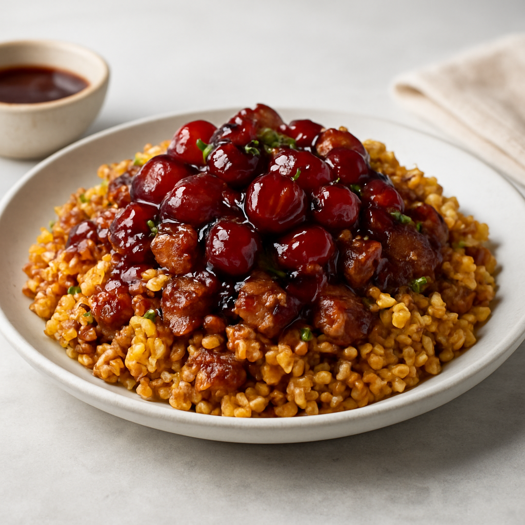 Umami Fusion Egg Fried Rice with Gochujang-Miso Grape Glaze & Crispy Meat