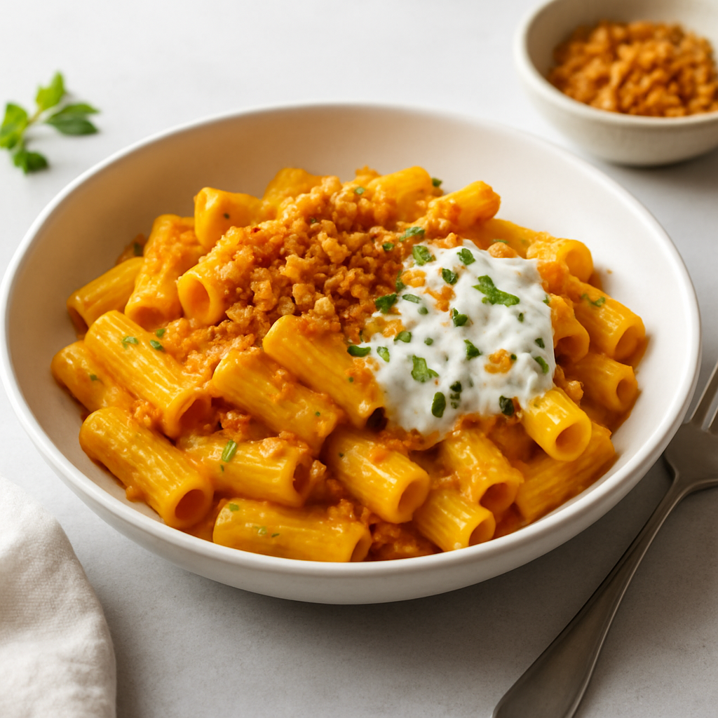 Turmeric Tomato Pasta Raita with Crispy Garlic Breadcrumbs