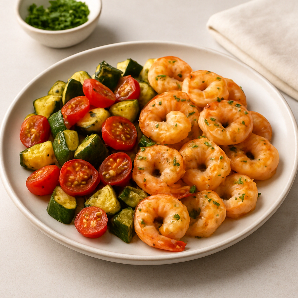 Garlic Butter Shrimp with Roasted Zucchini and Cherry Tomatoes
