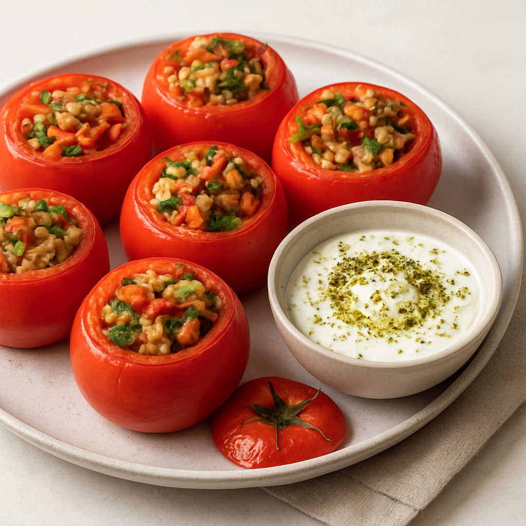 Global Harmony Stuffed Tomato Dumplings with Spiced Garlic Yogurt Sauce