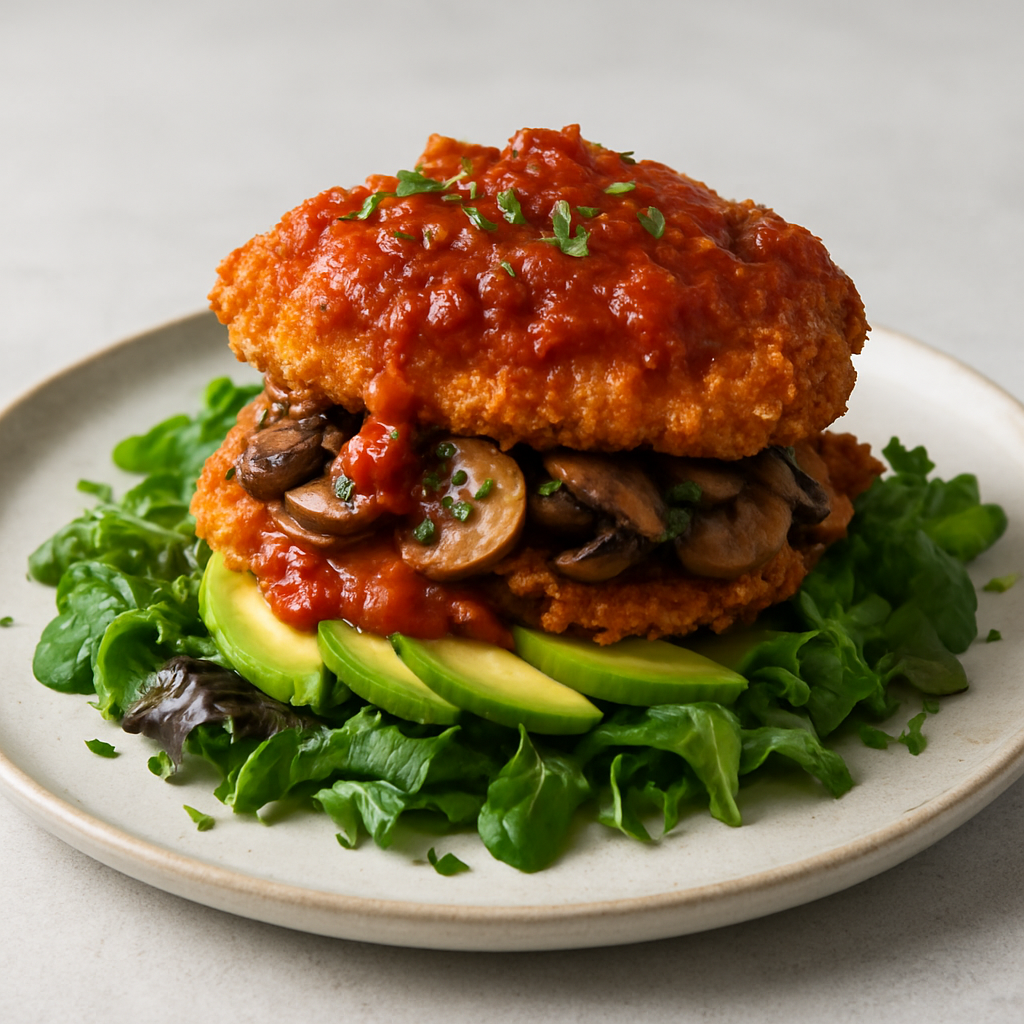 Umami Fusion Crispy Chicken Stack with Miso-Tomato Reduction and Avocado-Mushroom Medley