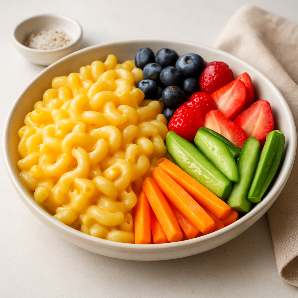 Cheesy Pasta with Fresh Fruit and Veggie Bowl