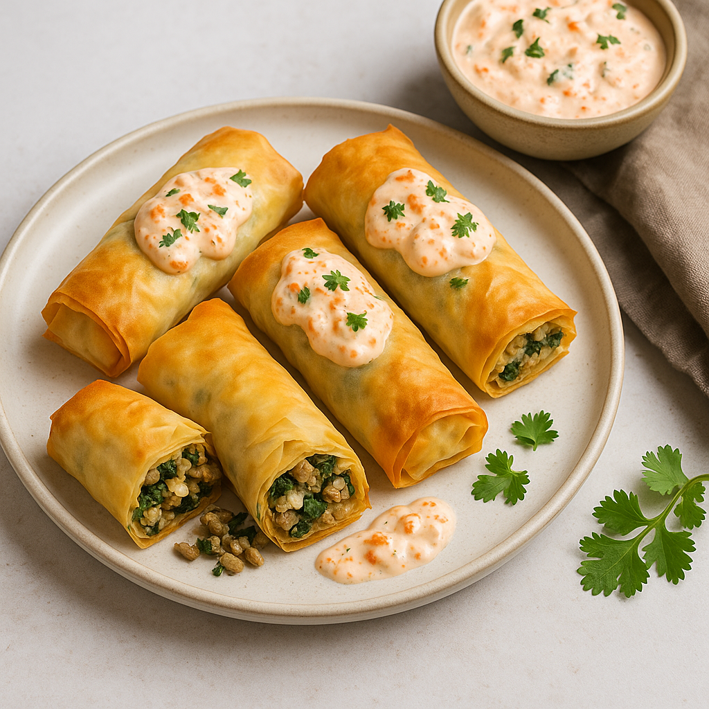 Banh Mi Spanakopita Rolls with Kimchi Tzatziki