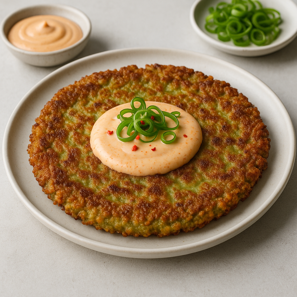 Shrimp Cracker Wasabi Pancake with Spicy Gochujang Aioli