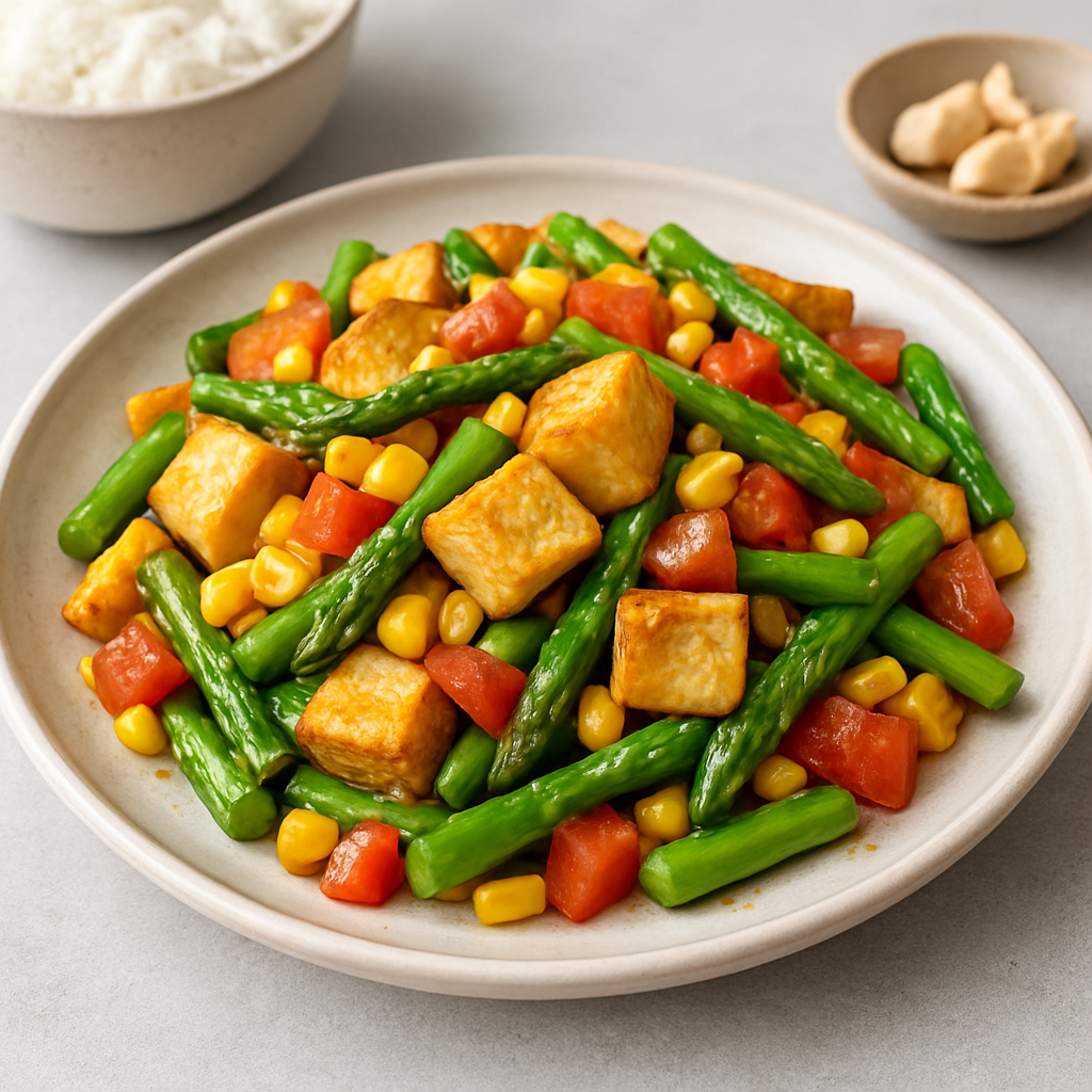 Vietnamese Stir-Fried Asparagus with Fried Tofu and Corn