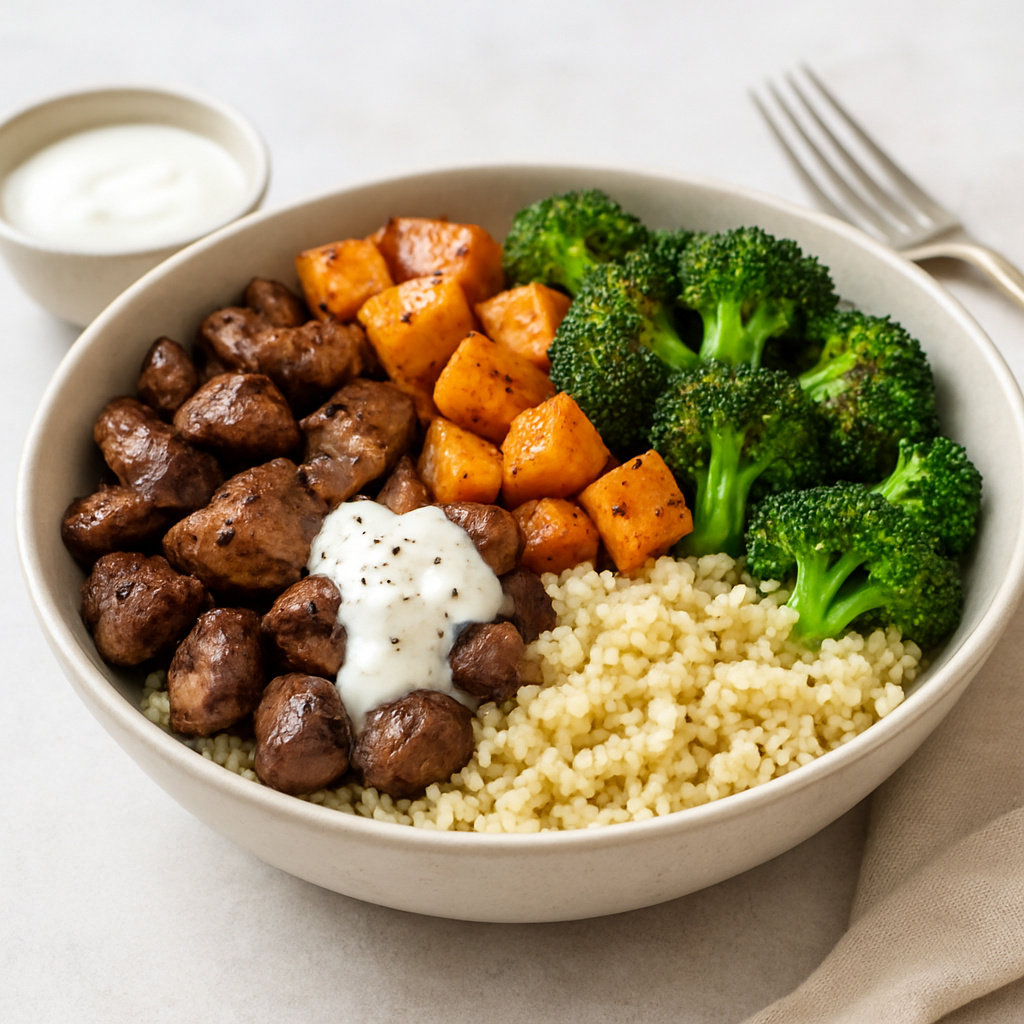 Mediterranean Organ Meat & Roasted Vegetable Buddha Bowl with Quinoa