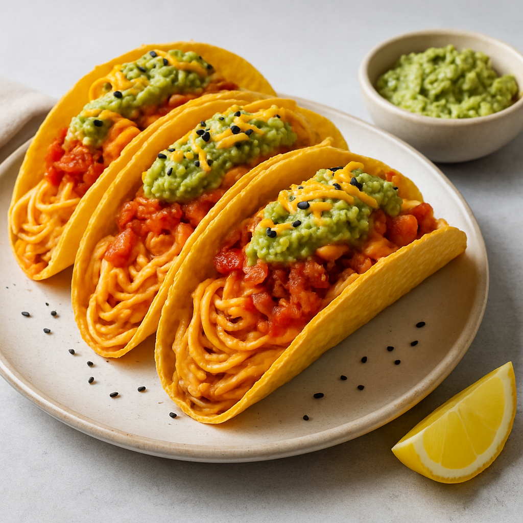 Spicy Kimchi Carbonara Tacos with Sesame Guacamole