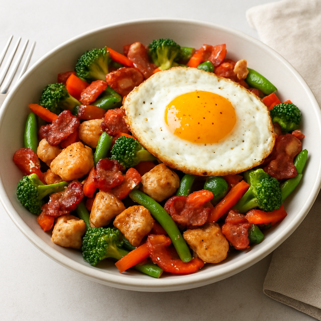 Pan-Fried Chicken & Veggie Bowl with Crispy Bacon