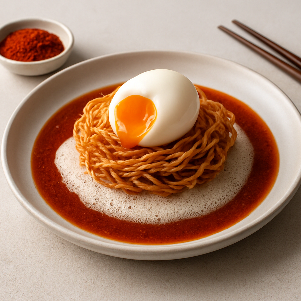 Crispy Gochugaru Noodle Nest with Soft-Boiled Egg & Umami Broth Foam