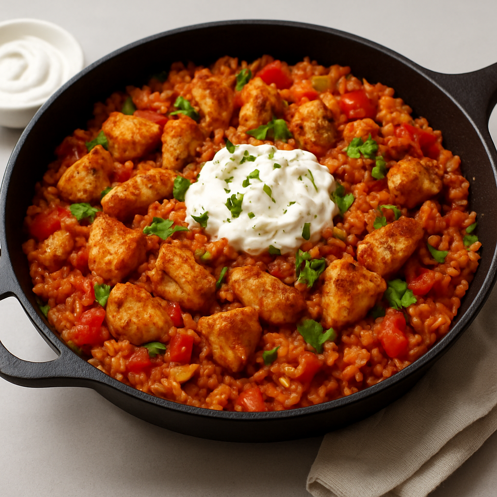 Mediterranean-Middle Eastern Chicken & Rice Skillet with French Crème Fraîche and Spanish Chorizo Spice