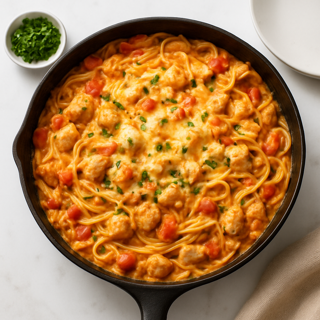 Cheesy Tomato Chicken & Pasta Skillet