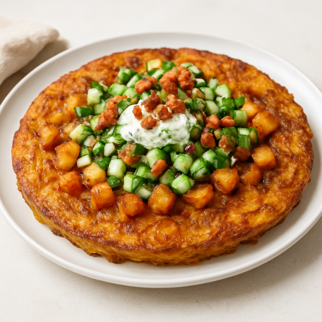 Crispy Patatas Bravas Frittata with Cucumber Pico & Herb Crema