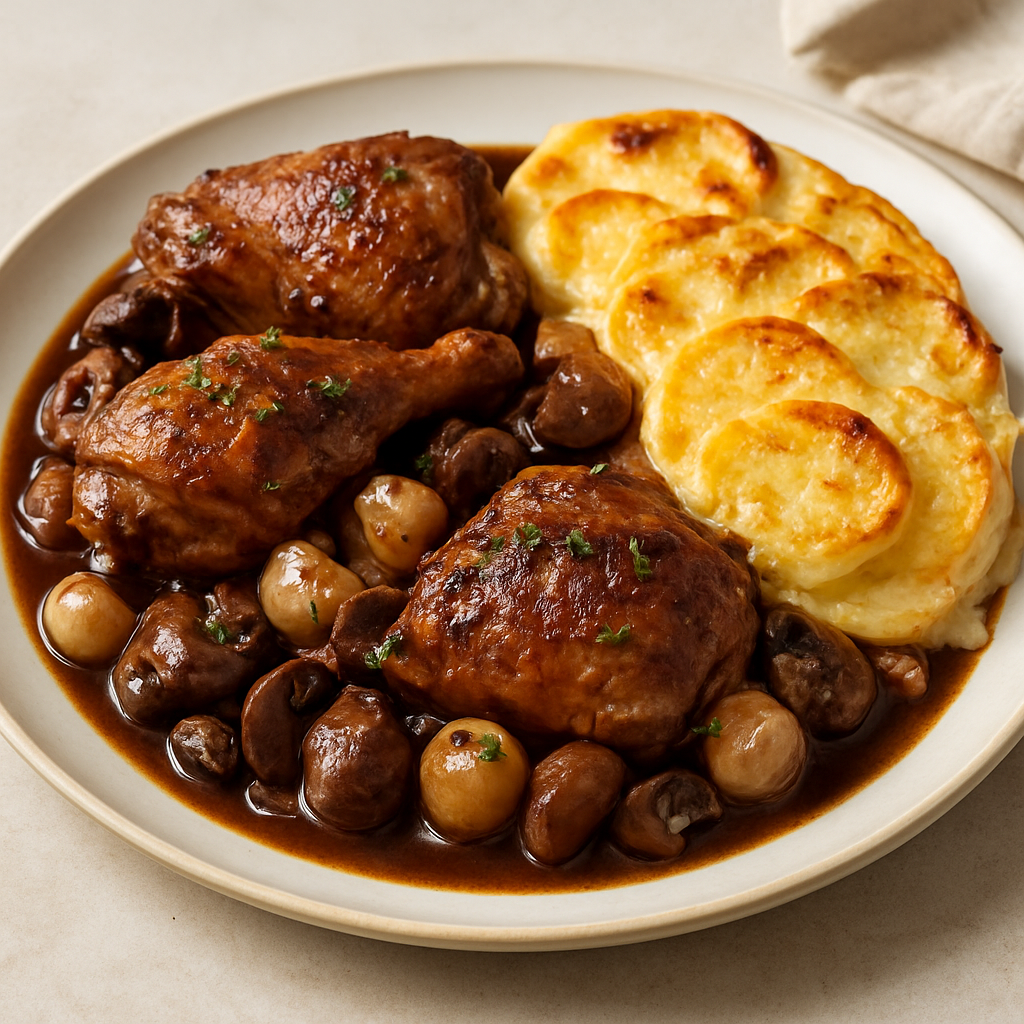 Coq au Vin with Creamy Root Vegetable Gratin