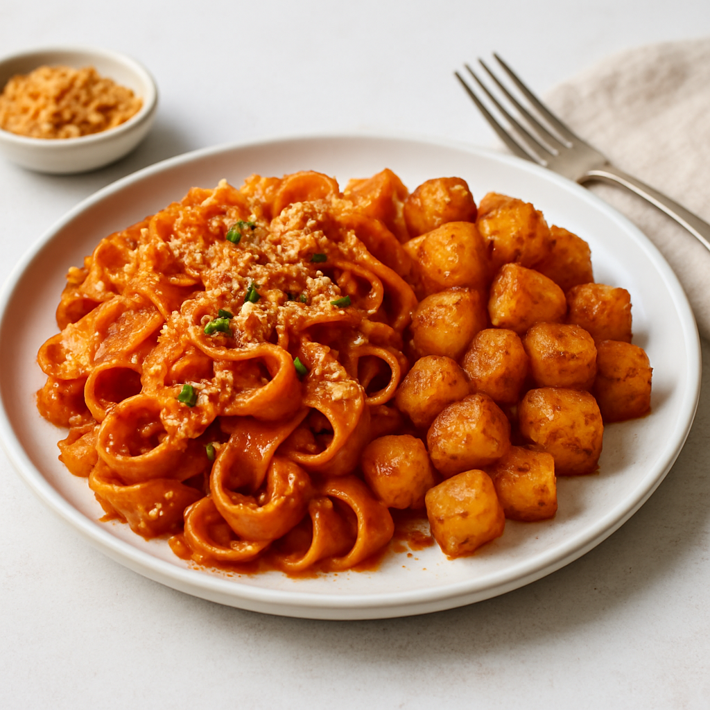 Gochujang Tomato Pasta with Crispy Panko and Honey-Spiced Kartoffeln