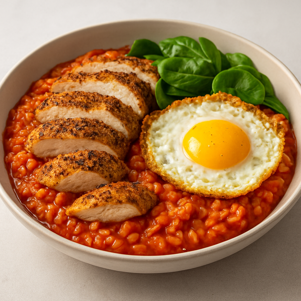 Global Sunrise Bowl: Gochujang Tomato Risotto with Za'atar Chicken and Crispy Egg