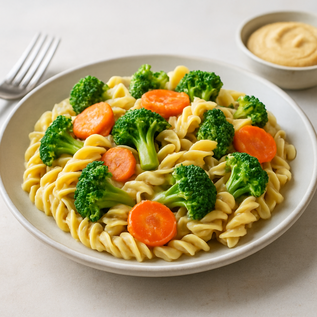 Simple Broccoli-Carrot Vegan Pasta with Hummus Sauce