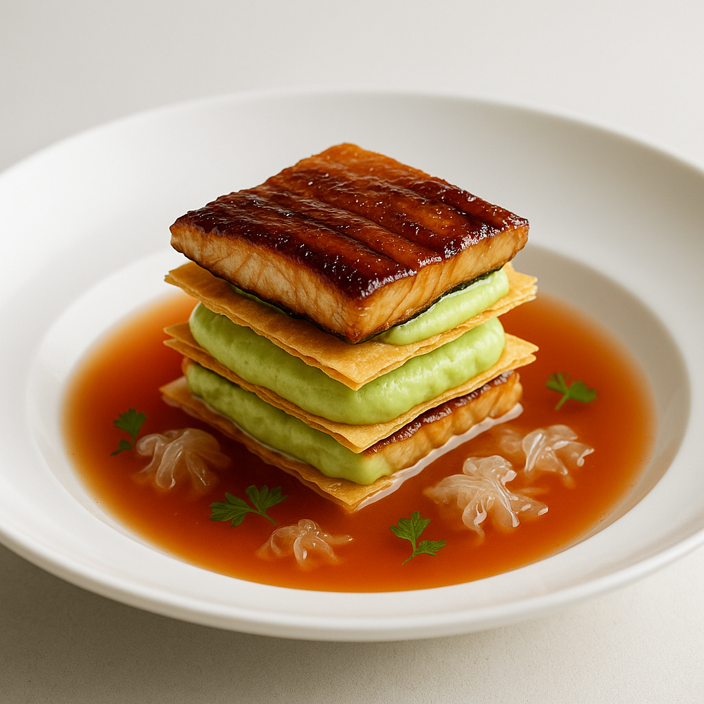 Wasabi-Glazed Eel Napoleon with Avocado Mousse and Tomato-Jellyfish Consommé