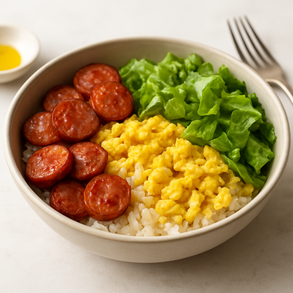 Sausage & Egg Rice Bowl with Fresh Lettuce