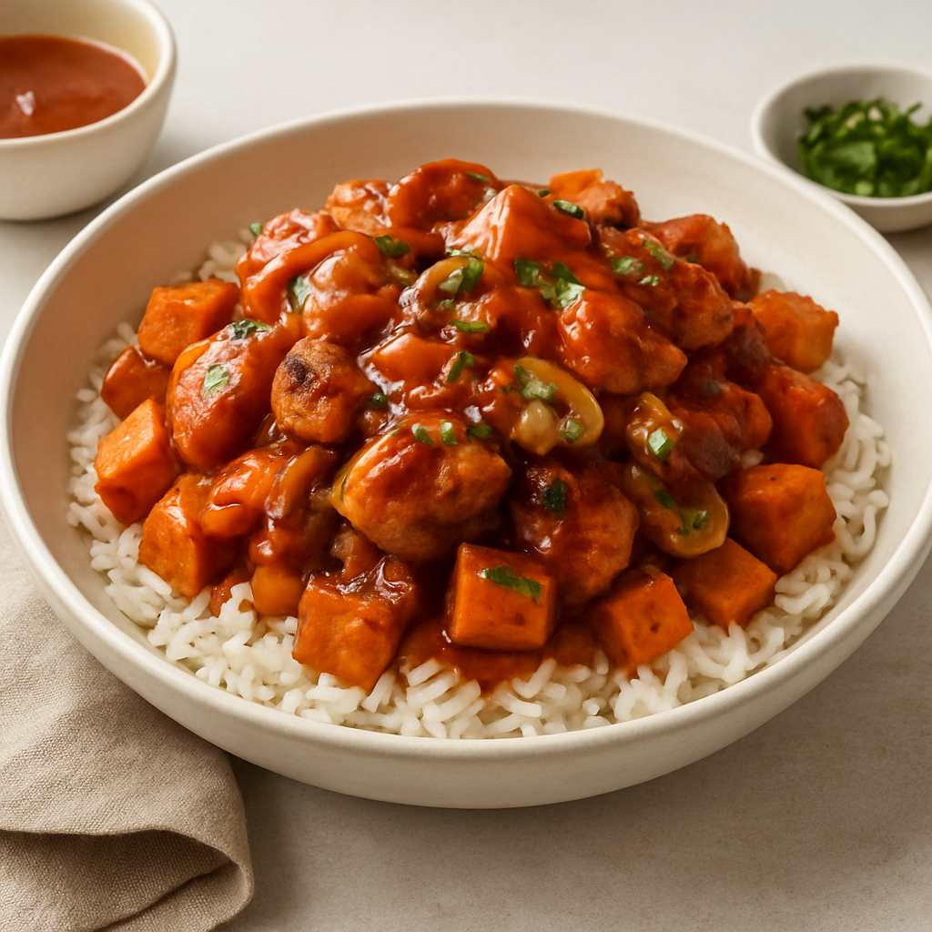 Caramelized Chicken & Sweet Potato Rice Bowl with Vietnamese Tomato-Mushroom Sauce