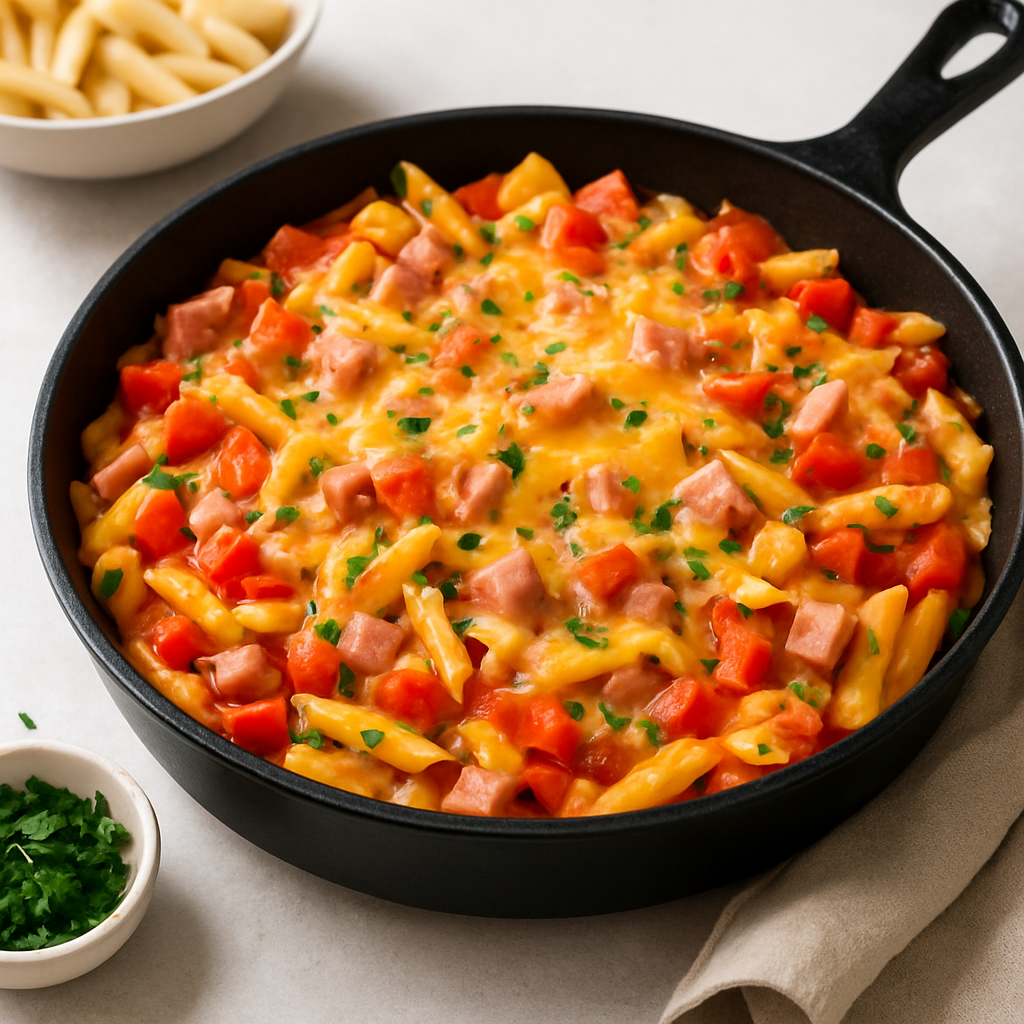 Cheesy Ham & Tomato Pasta Skillet