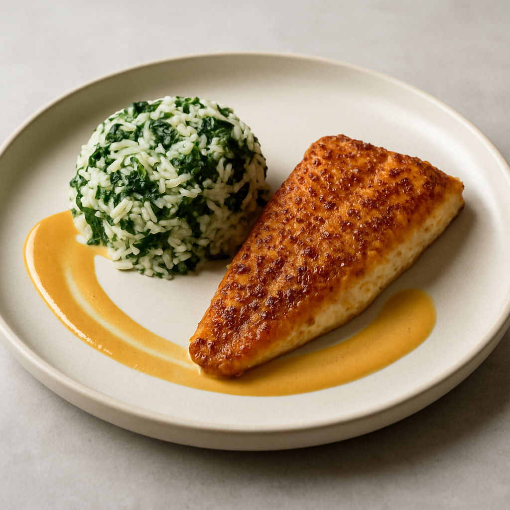 Mustard-Crusted Merlan with Thai Spinach Rice and Burnt Butter Emulsion