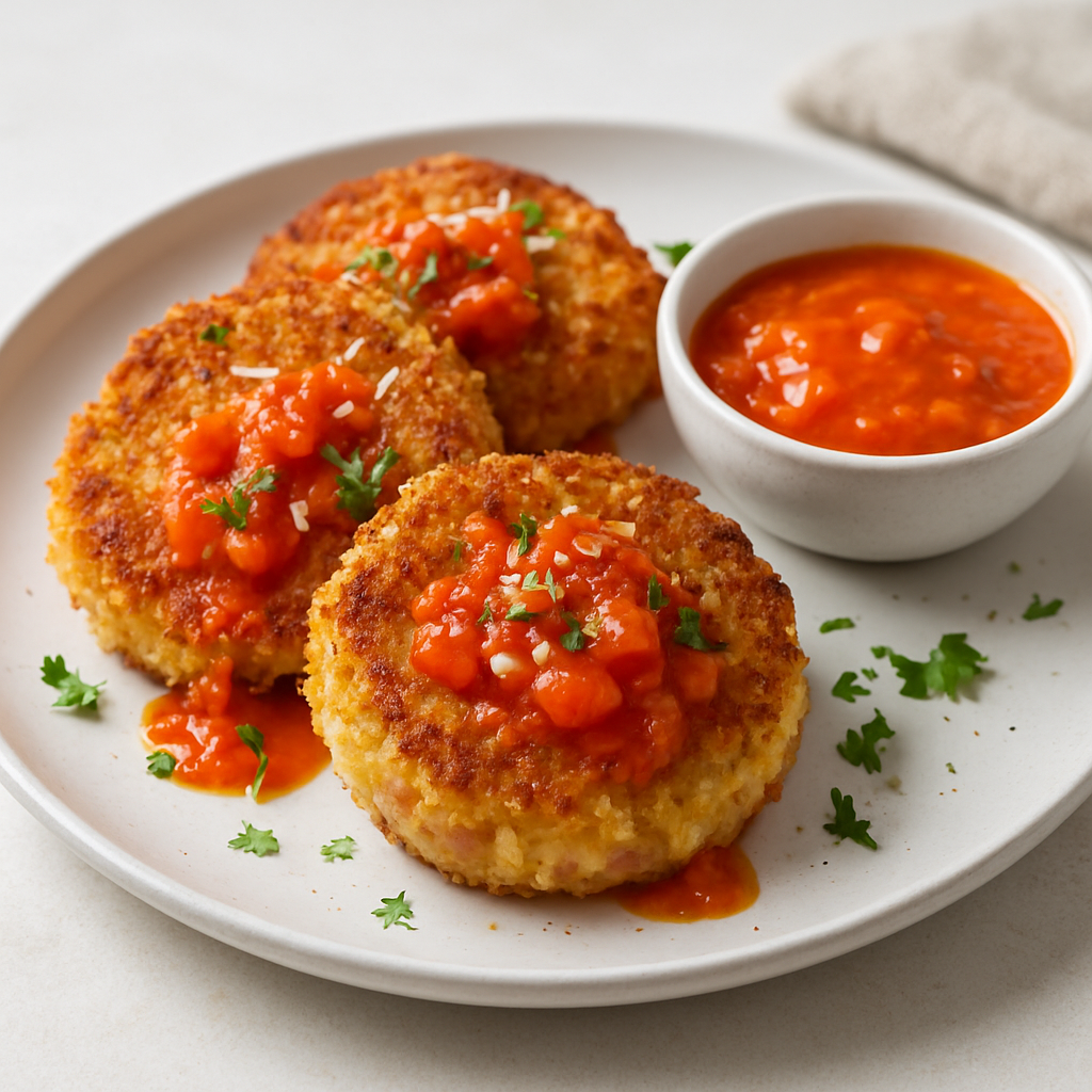 Crispy Parmesan Ham & Tomato Risotto Cakes with Ginger-Bell Pepper Sauce