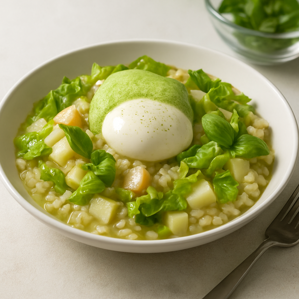 Pear & Lettuce Risotto with Soft Poached Egg and Basil Air