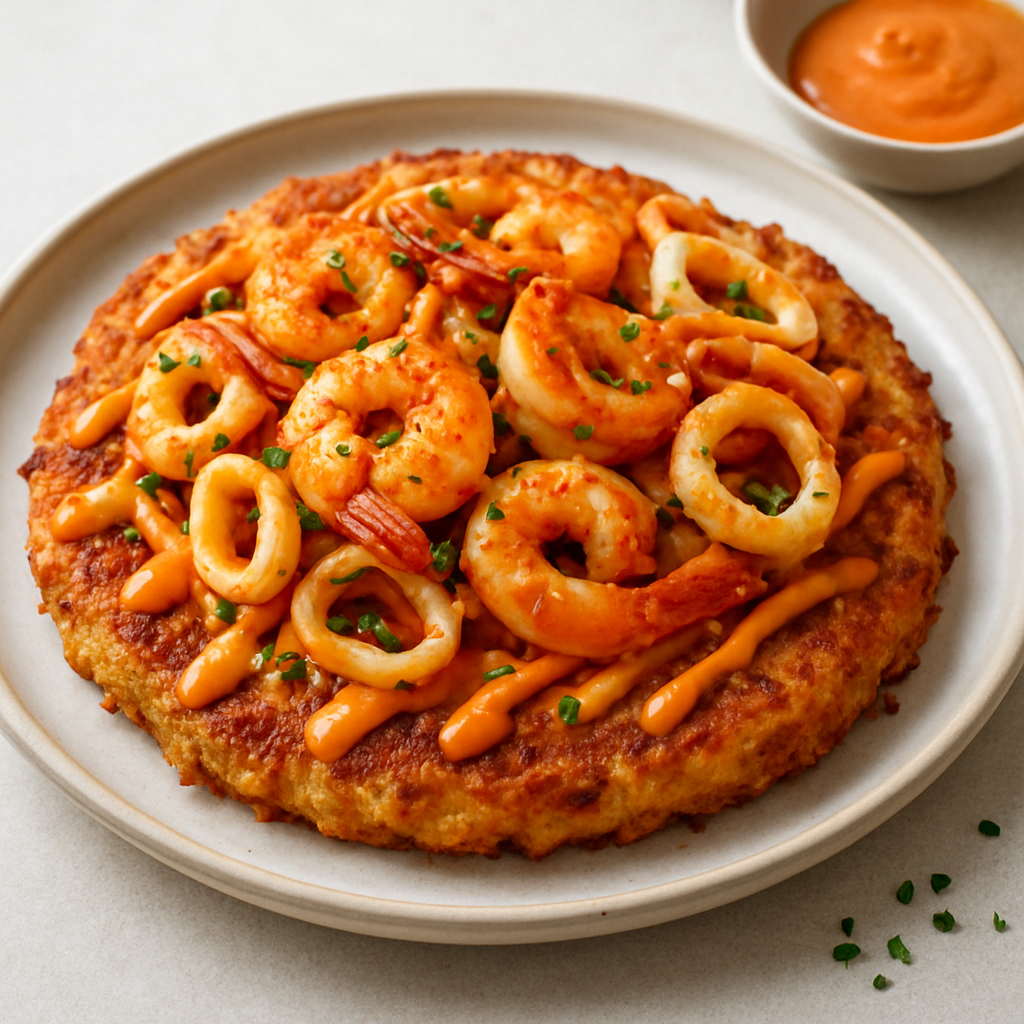 Kimchi Tapioca Okonomiyaki with Crispy Shrimp and Squid