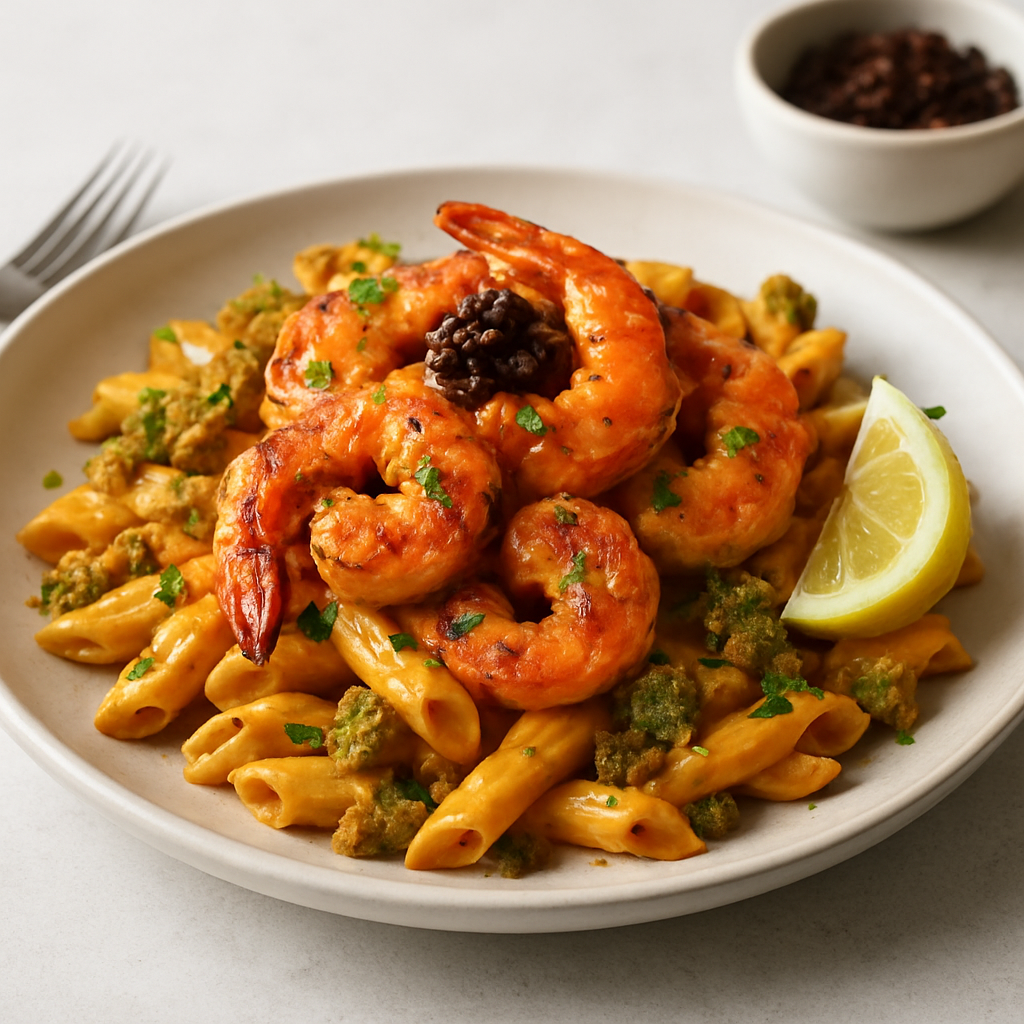 Spiced Cream Pasta with Tandoori Shrimp, Olive Tapenade & Crispy Pesto Bread