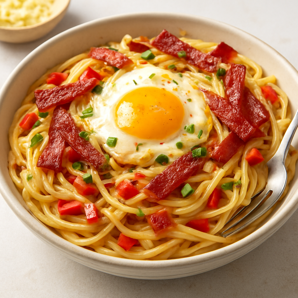 Fusion Pasta with Crispy Salami & Egg