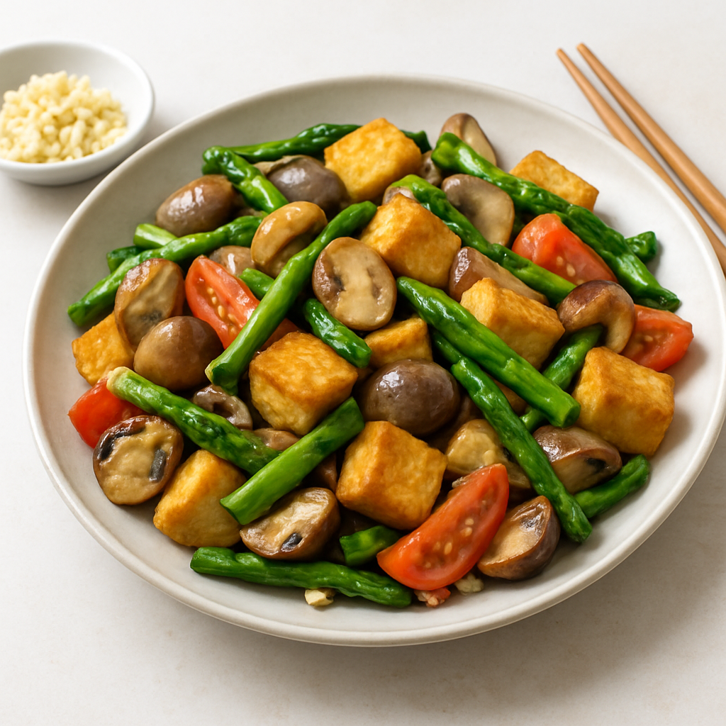 Vietnamese Stir-Fried Asparagus and Mushrooms with Crispy Tofu