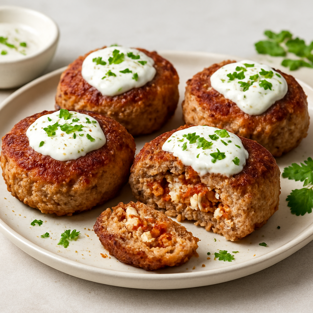 Chorizo & Feta Stuffed Crispy Pork Patties with Yogurt-Crème Fraîche Sauce
