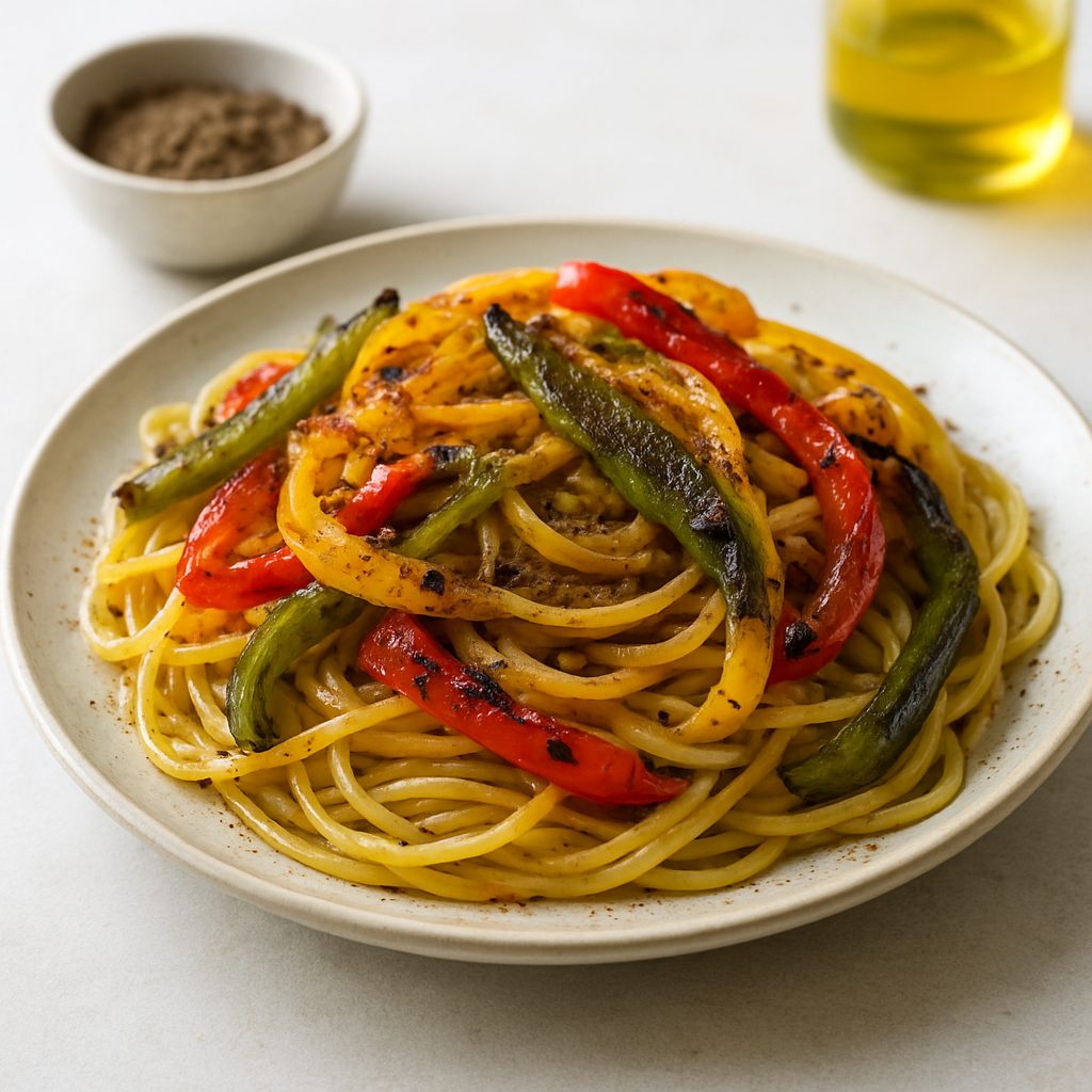 Charred Capsicum Tadka Pasta with Mushroom Dust