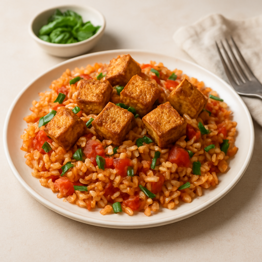 Tomato Basil Fried Rice with Chinese Five-Spice Tofu