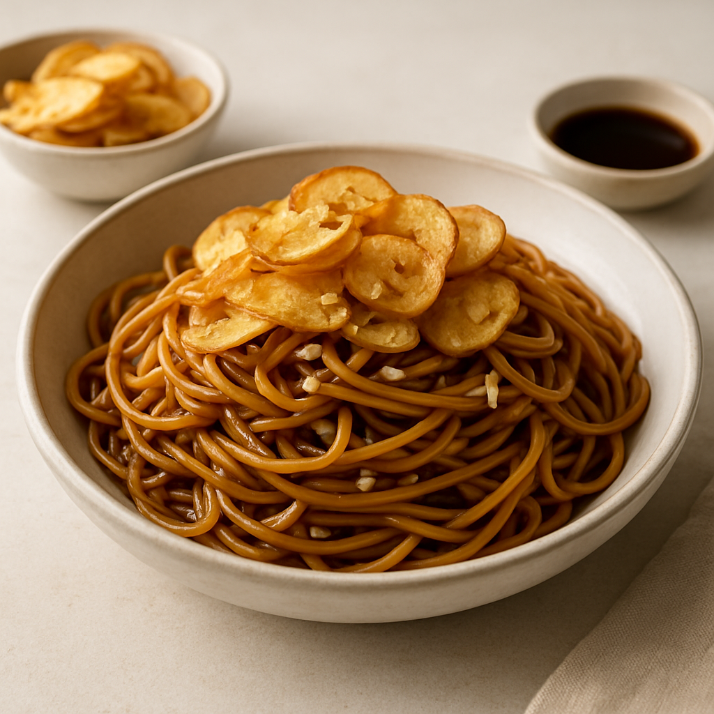 Garlic Soy Pasta with Crispy Potato Chips
