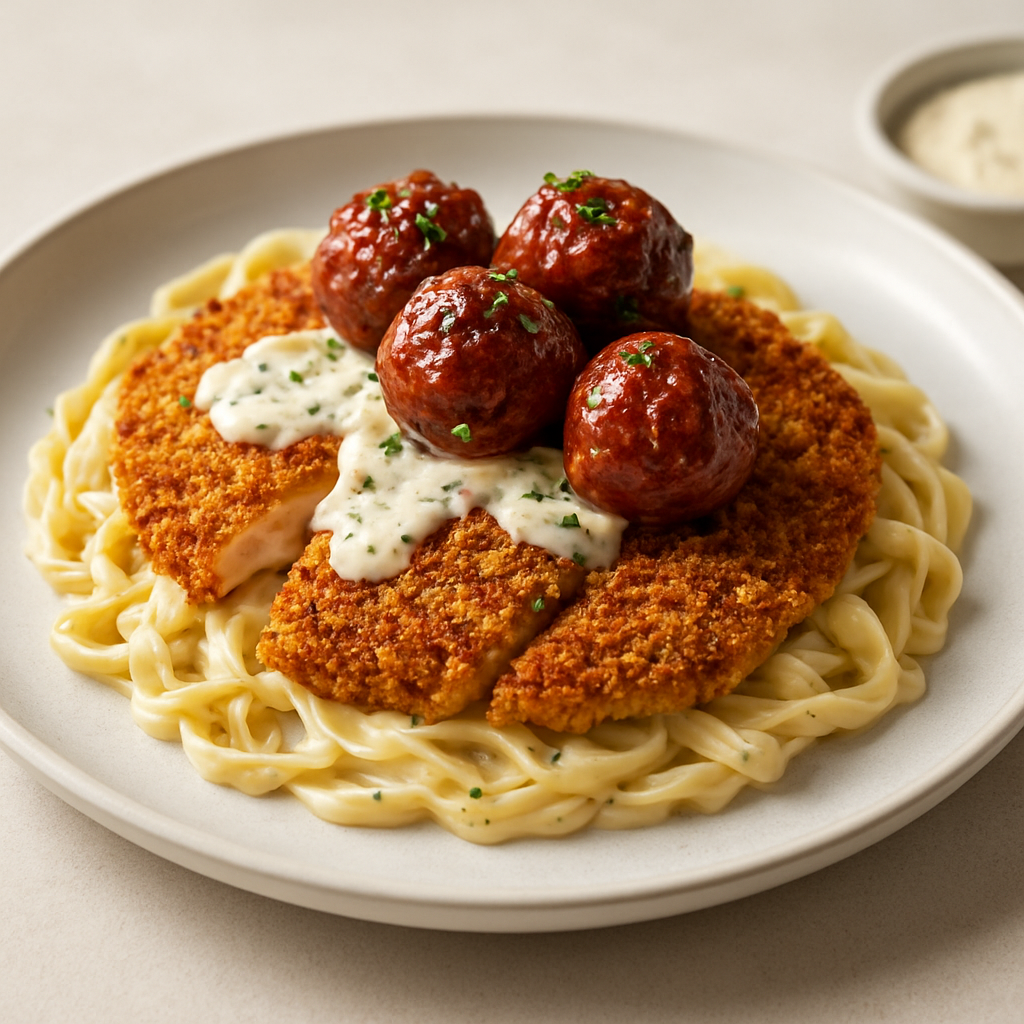 Crispy Bagel-Crusted Chicken Milanesa with Chorizo-Barbecue Meatballs and French Herb Cream Cheese Sauce