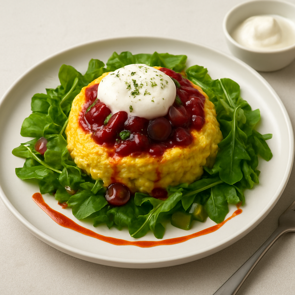 Mediterranean Egg Scramble with Grape-Pickle Gastrique and Yogurt Foam