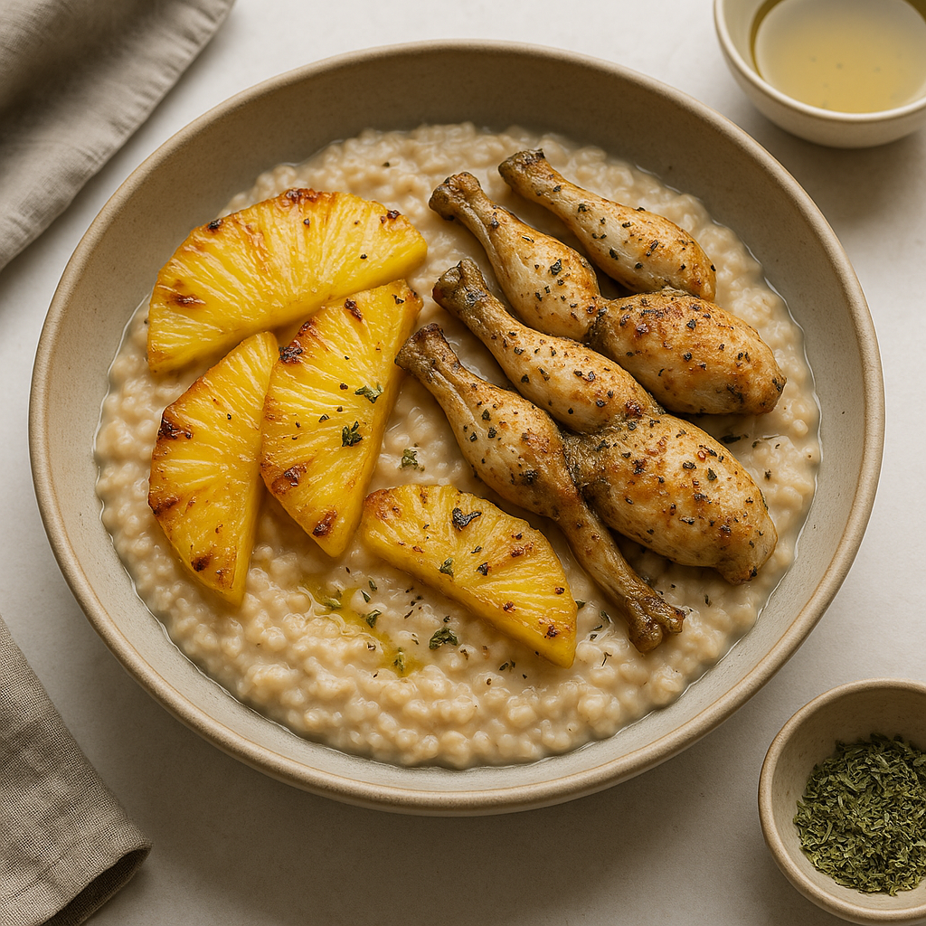 Mediterranean-Inspired Oat Porridge with Caramelized Pineapple and Pan-Seared Frog Legs