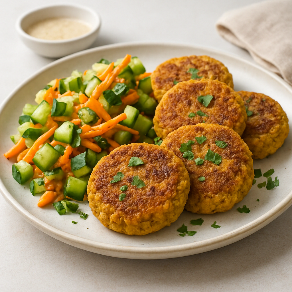 Vegan Spiced Split Pea Patties with Cucumber-Carrot Salad
