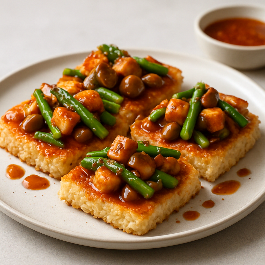 Crispy Tofu and Asparagus Sticky Rice Cakes with Mushroom-Tomato Gastrique