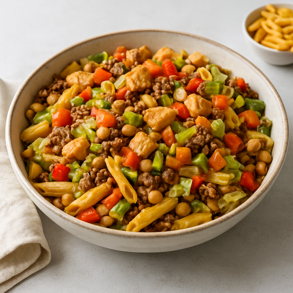 Mediterranean Chicken and Beef Pasta with Vegetable Medley