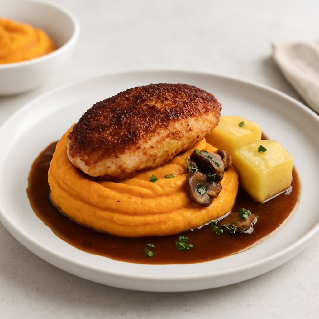 Umami-Crusted Chicken with Whipped Sweet Potato Cloud and Mushroom Jus