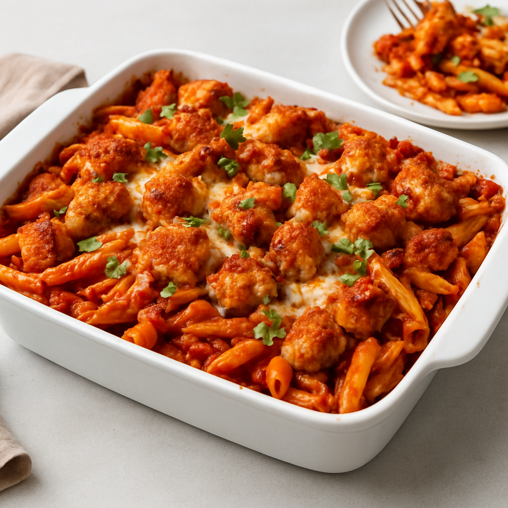 Crispy Chicken Chilaquiles Pasta Bake with Barbecue-Tomato Fusion Sauce