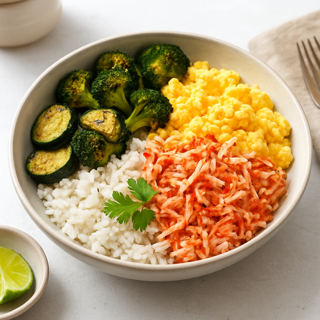 Mexican-Style Crab and Egg Rice Bowl with Roasted Vegetables