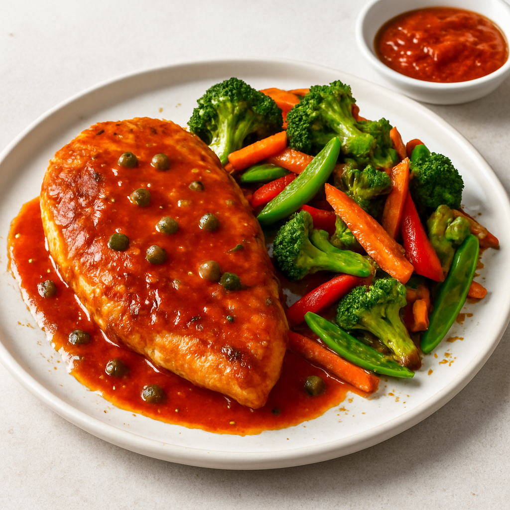 Gochujang Chicken Piccata with Miso-Cumin Crispy Vegetables and Harissa Tomato Reduction