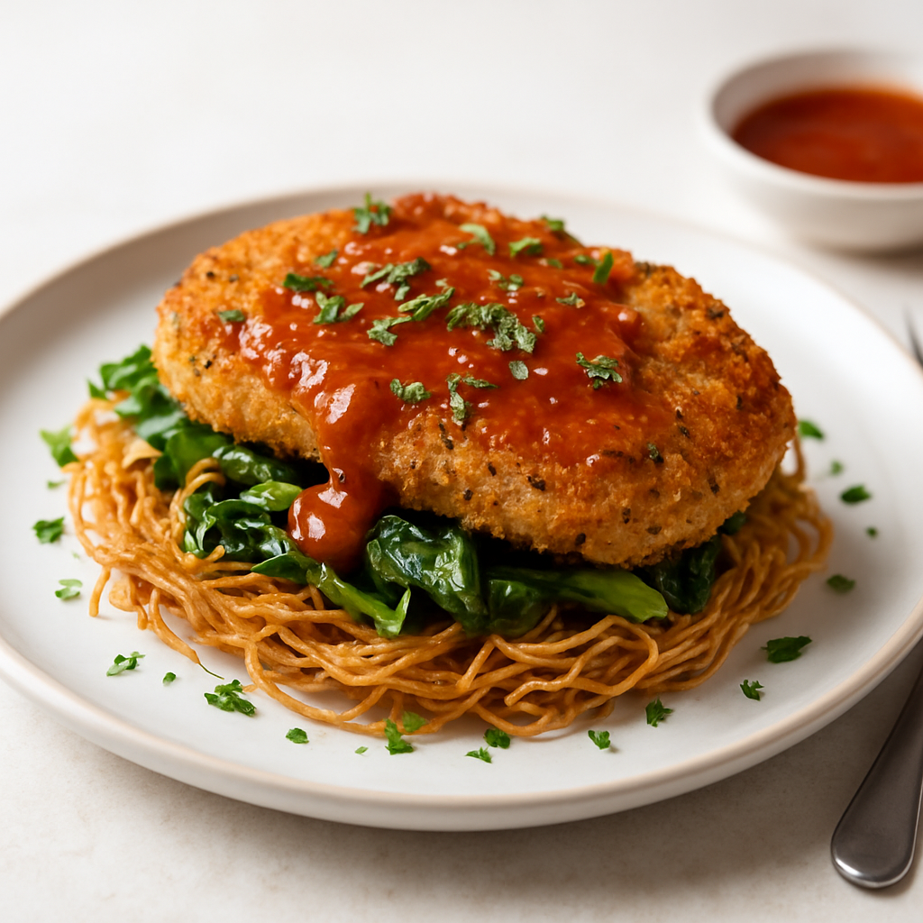 Pan-Asian Herb-Crusted Pork Schnitzel with Miso-Sriracha Reduction and Crispy Potato-Noodle Nest