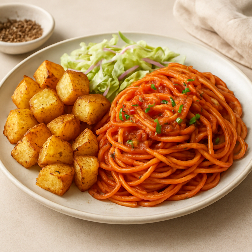 Middle Eastern Tomato Spaghetti with Roasted Potatoes