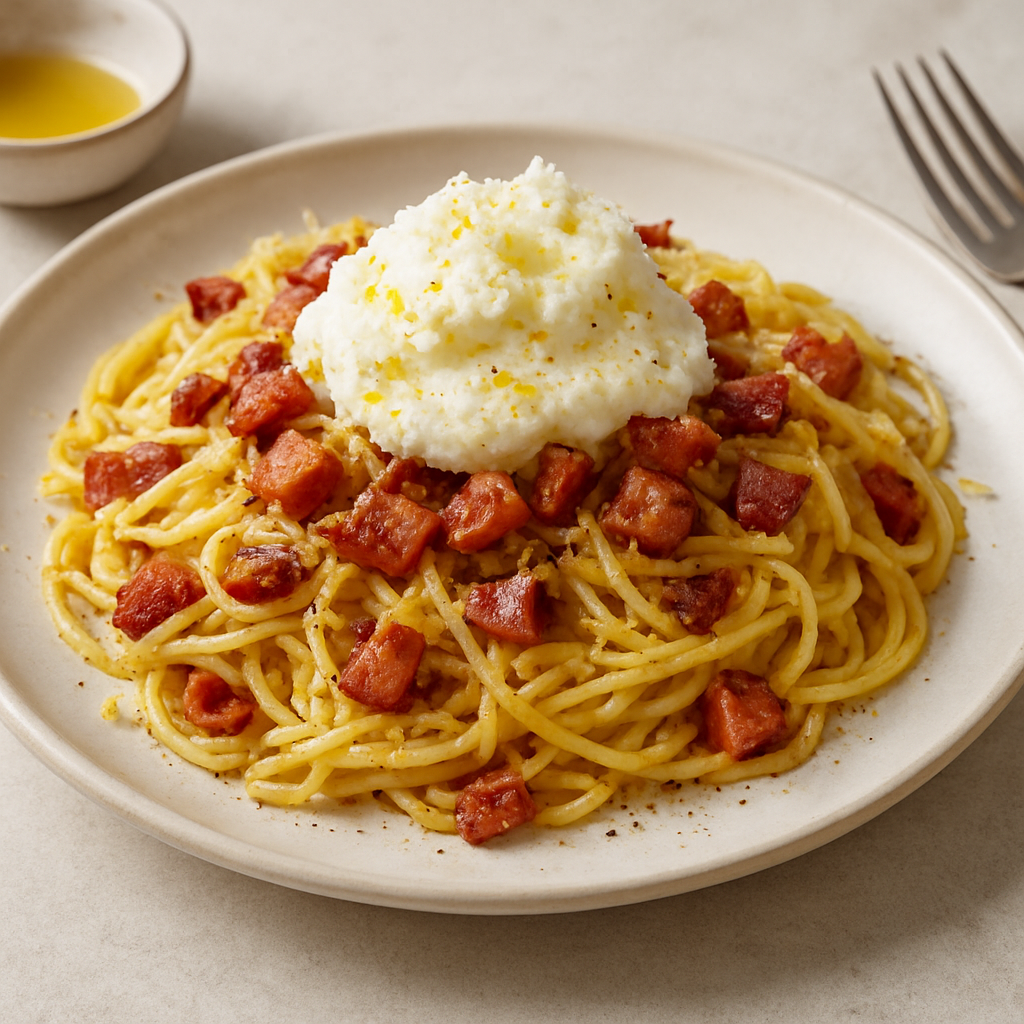 Mediterranean Bacon-Ham Carbonara with Preserved Lemon & Olive Oil Snow