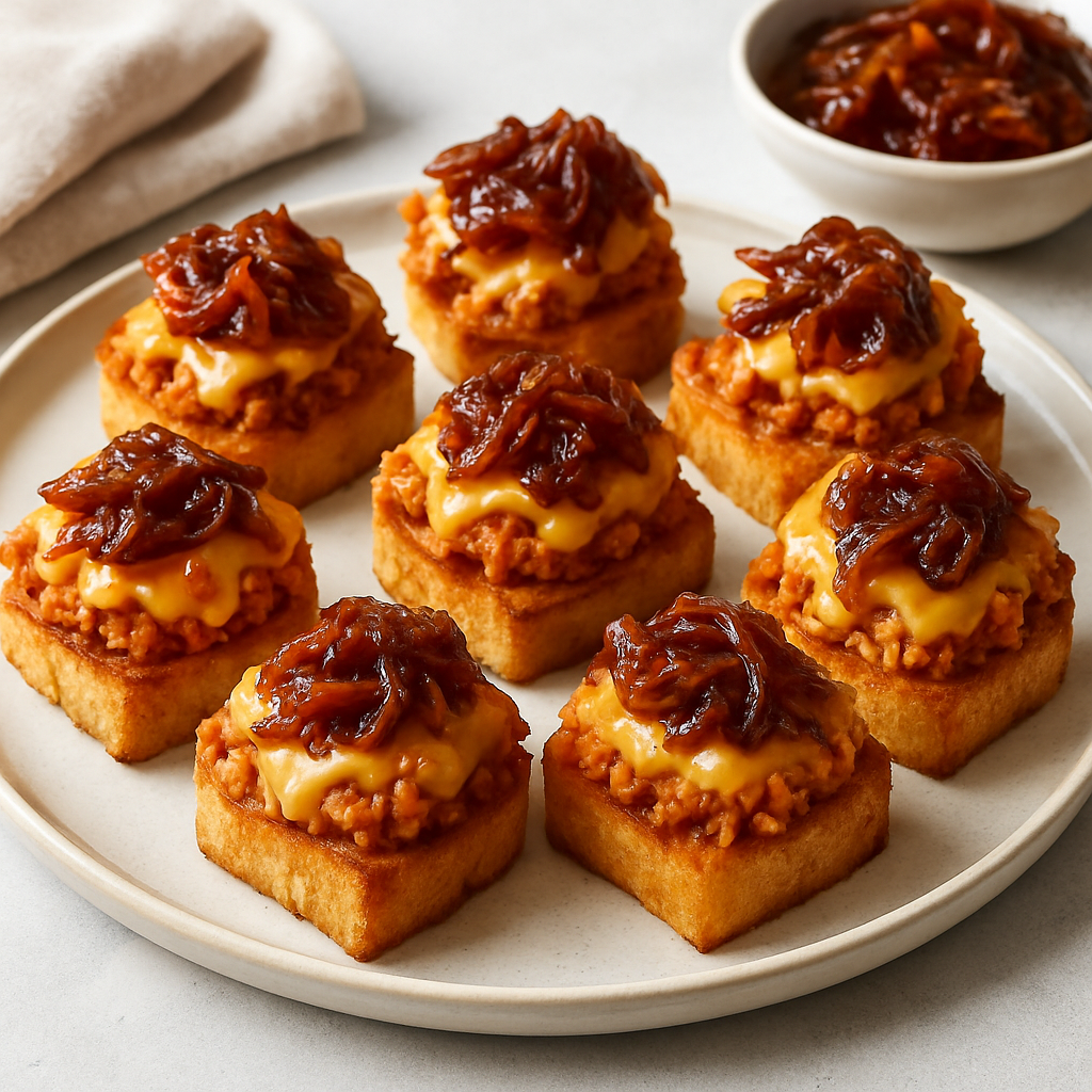 Gochujang Tuna Salad Bread Crisps with Caramelized Onions